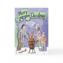 Weihnachtskarte Gitarre Kastanie auf offenem Feuer