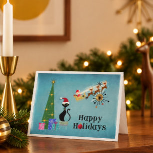 Weihnachtskarte im Mid-Century-Stil mit Katze Feiertagskarte