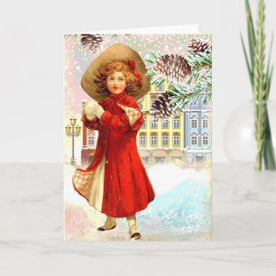 Weihnachtskarte Junge Girl Red Coat Village Feiertagskarte