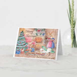 Weihnachtskarte Kamin Familie Fantasie Feiertagskarte