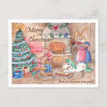 Weihnachtskarte Kamin Familie Fantasie