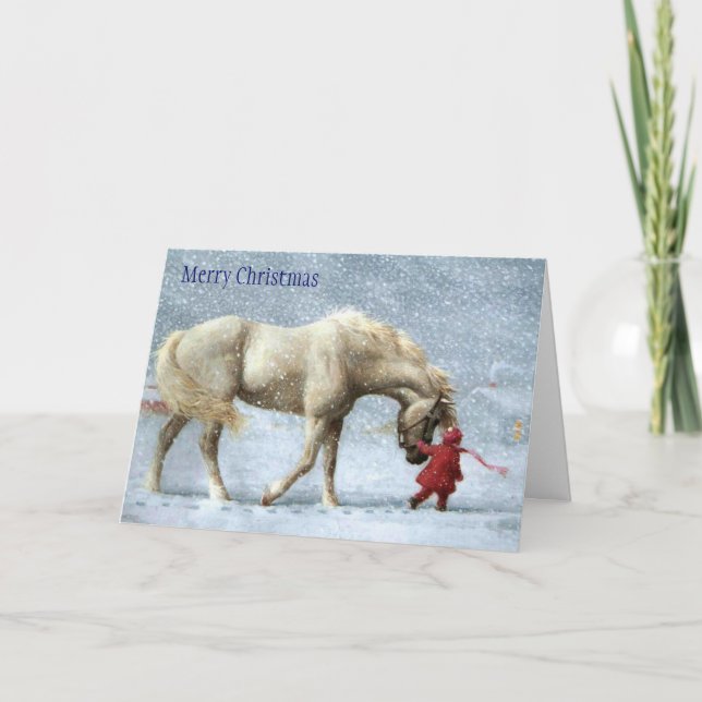 Weihnachtskarte Mädchen und Pferd Feiertagskarte (Vorderseite)