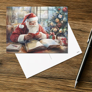 Weihnachtskarte mit Aquarell-Santa, der seine List Feiertagspostkarte