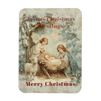 Weihnachtskarte mit Baby Jesus in einer Krippe und Magnet