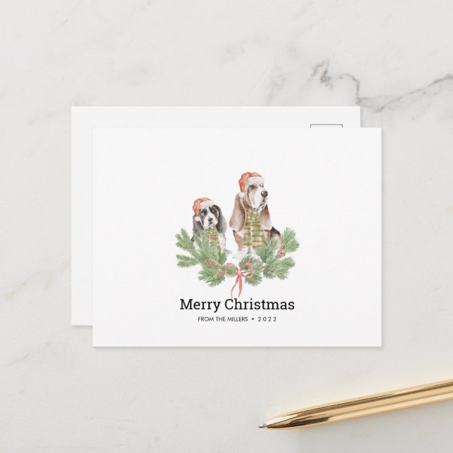 Weihnachtskarte mit Basset Hund Familie Postkarte (Vorderseite/Rückseite Beispiel)