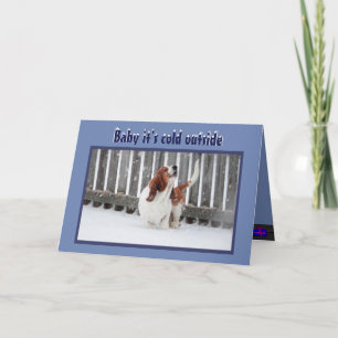 Weihnachtskarte mit Basset im Schnee & Kamin & Bau Feiertagskarte