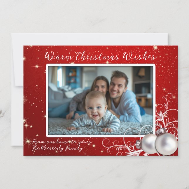 Weihnachtskarte mit blinkendem Rot und einem Foto (Vorderseite)