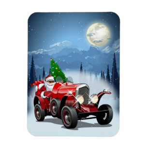 Weihnachtskarte mit Cartoon Retroauto & cool Santa Magnet