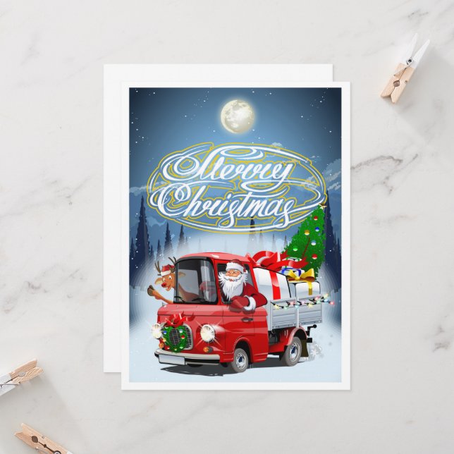 Weihnachtskarte mit Cartoon Santa`s LKW (Vorderseite/Rückseite Beispiel)