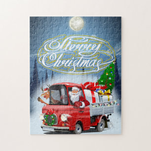 Weihnachtskarte mit Cartoon Santa`s LKW Puzzle