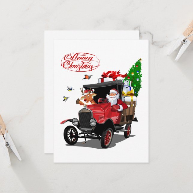 Weihnachtskarte mit Cartoon Santa und Hirsche (Vorderseite/Rückseite Beispiel)