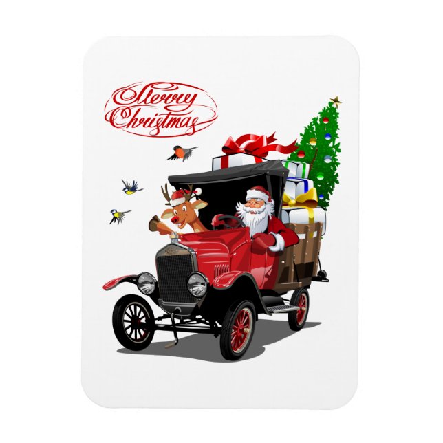 Weihnachtskarte mit Cartoon Santa und Hirsche Magnet (Vertikal)