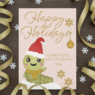 Weihnachtskarte mit Cartoon-Wurm und Weihnachtsmüt Feiertagskarte