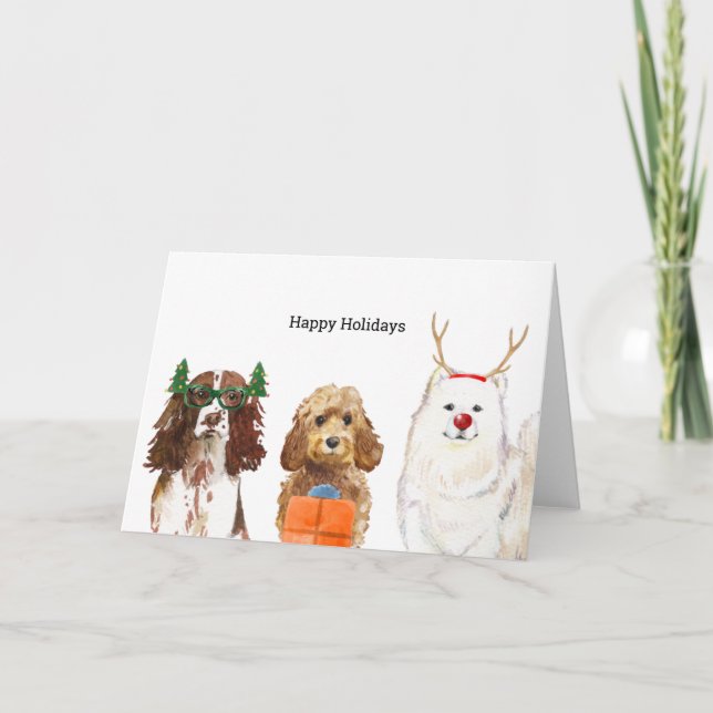 Weihnachtskarte mit drei Weihnachtshunden Feiertagskarte (Vorderseite)