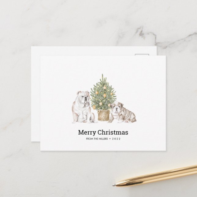 Weihnachtskarte mit englischer Bulldog Familie Postkarte (Vorderseite/Rückseite Beispiel)