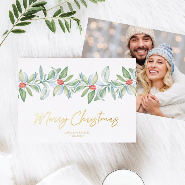 Weihnachtskarte mit Foto Stationery Folien Feiertagskarte (Christmas cards photo gold foil watercolor botanical red berries greenery)