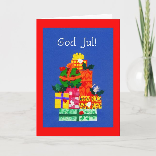 Weihnachtskarte mit Geschenken - schwedischer Gruß Feiertagskarte (Vorderseite)