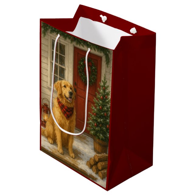Weihnachtskarte mit Golden Retriever Mittlere Geschenktüte (Vorderseite Schrägansicht)