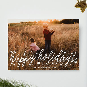 Weihnachtskarte mit großem Foto und weißer Schrift Feiertagskarte