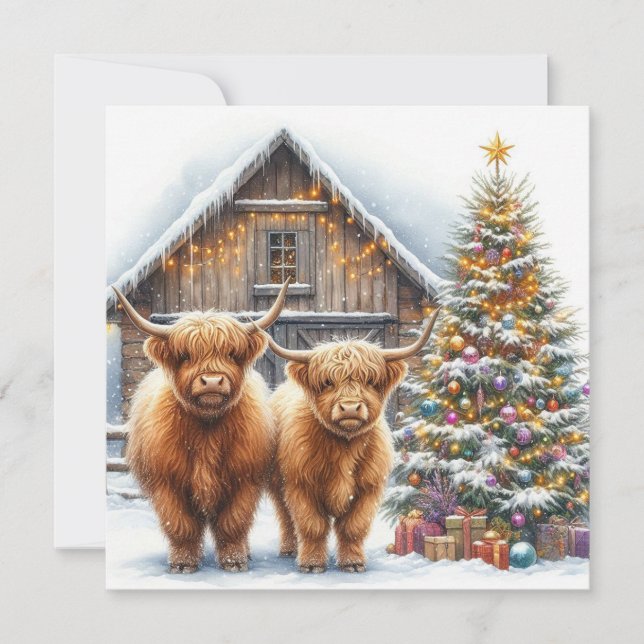 Weihnachtskarte mit Highland-Kühen, Baum und Scheu Karte (Vorderseite)