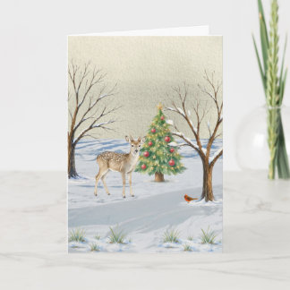 Weihnachtskarte mit Hirschen und Weihnachtsbaum Feiertagskarte