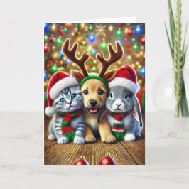 Weihnachtskarte mit Hund, Katze und Hase Feiertagskarte