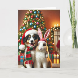 Weihnachtskarte mit Hund und Hase Feiertagskarte