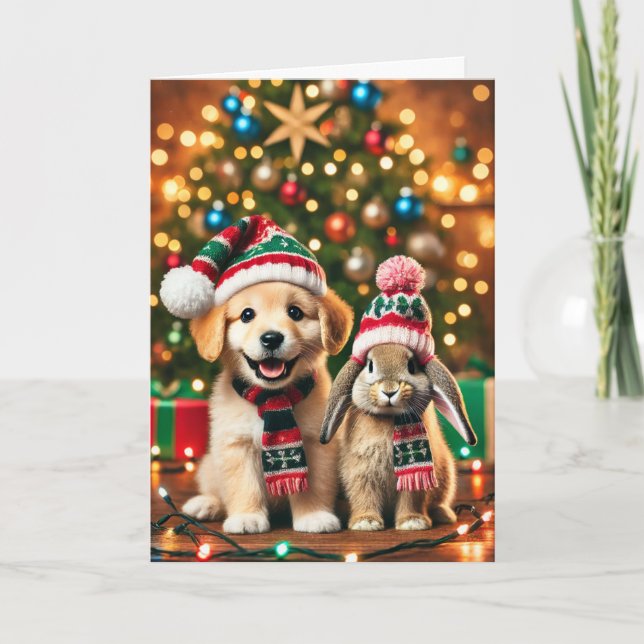 Weihnachtskarte mit Hund und Hase Feiertagskarte (Vorderseite)