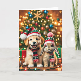 Weihnachtskarte mit Hund und Hase Feiertagskarte
