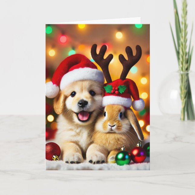 Weihnachtskarte mit Hund und Hase Feiertagskarte (Vorderseite)