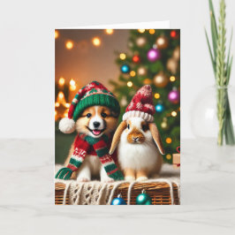 Weihnachtskarte mit Hund und Hase Feiertagskarte