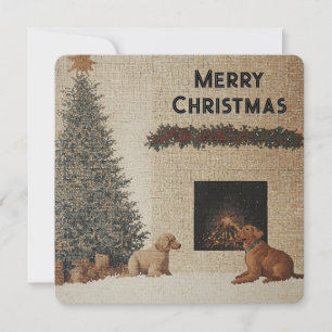 Weihnachtskarte mit Hunden und Kamin in neutralen Feiertagskarte