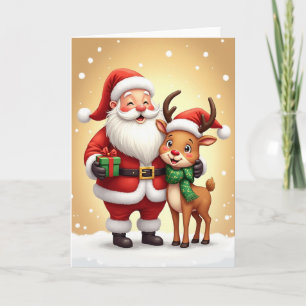 Weihnachtskarte mit jovialem alten Mann und Hirsch Karte