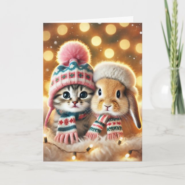 Weihnachtskarte mit Katze und Hase Feiertagskarte (Vorderseite)