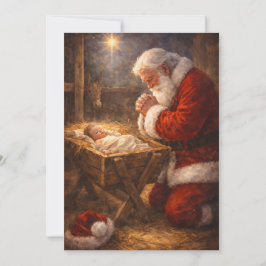 Weihnachtskarte mit kniendem Santa am Krippe Feiertagskarte