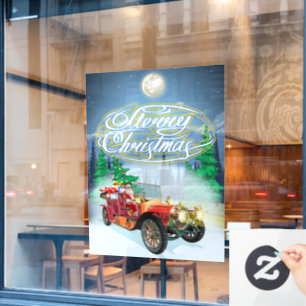 Weihnachtskarte mit Oldtimer und Weihnachtsmann Fensteraufkleber