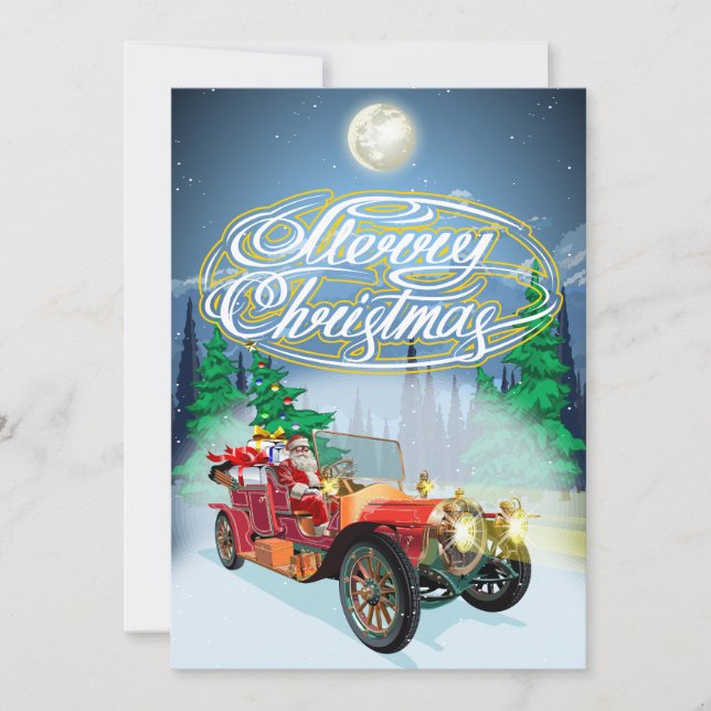 Weihnachtskarte mit Oldtimer und Weihnachtsmann Save The Date (Vorderseite)