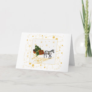 Weihnachtskarte mit Pferd und Schlitten mit golden Feiertagskarte