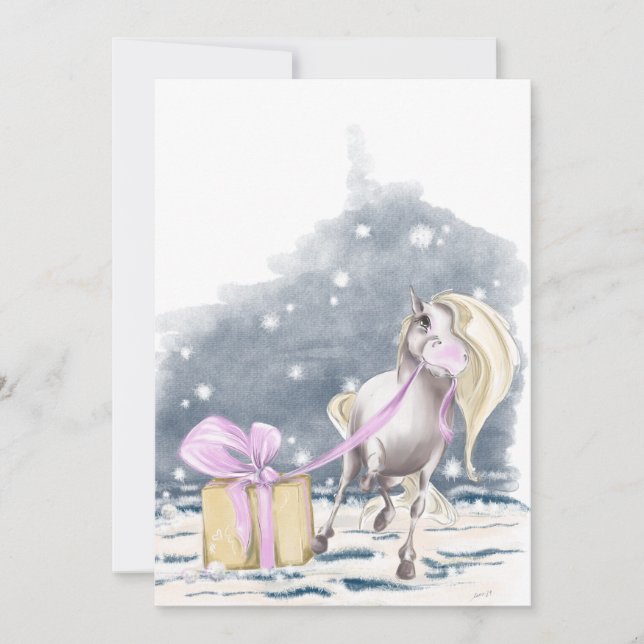 Weihnachtskarte mit Pferd und Weihnachtspacket Feiertagskarte (Vorderseite)