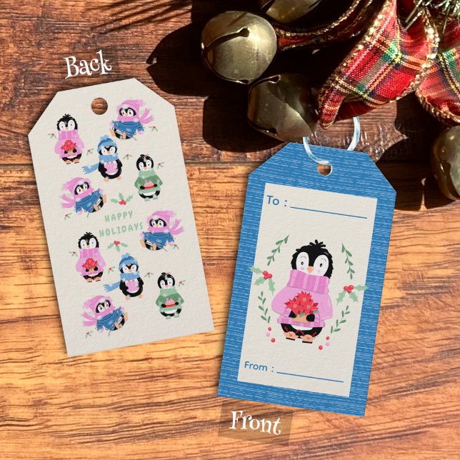Weihnachtskarte mit Pinguin und Weihnachtsstern in Geschenkanhänger (Penguin with Poinsettia Pot Blue Holiday Gift Tag .)