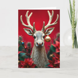Weihnachtskarte mit rotem Hintergrund und Rentier Karte