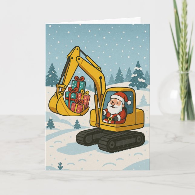 Weihnachtskarte mit Santa im Bagger, der Geschenke Karte (Vorderseite)
