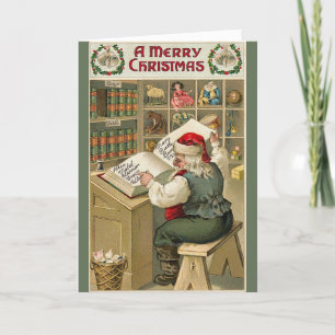 Weihnachtskarte mit Santas Liste und Werkstatt im Feiertagskarte
