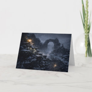 Weihnachtskarte mit schneebedecktem gotischen Ruin Feiertagskarte
