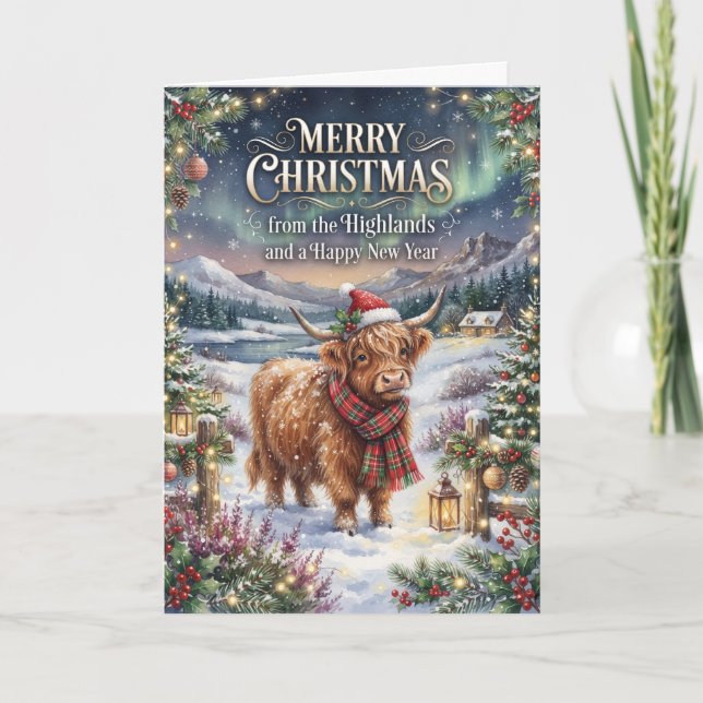 Weihnachtskarte mit schneebedeckter Highland-Kuh Karte (Vorderseite)