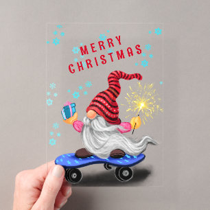 Weihnachtskarte mit Skater-Gnom und Geschenken Acryleinladungen