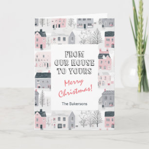 Weihnachtskarte mit Vintage-Häusern in Rosa, Grau Karte