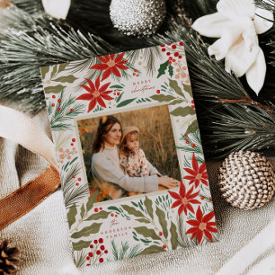 Weihnachtskarte mit Vintage-Poinsettia-Familienfot Feiertagskarte