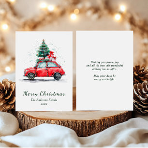 Weihnachtskarte mit Wasserfarben Rotem Auto mit Ba Feiertagskarte