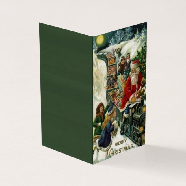 Weihnachtskarte mit Weihnachtsmann auf einem Spiel (Vorderseite)